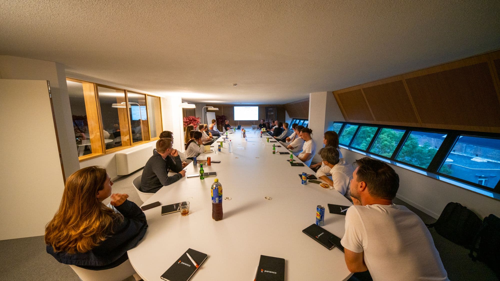 Group of attendees watching a live presentation at the Panenco evening event.